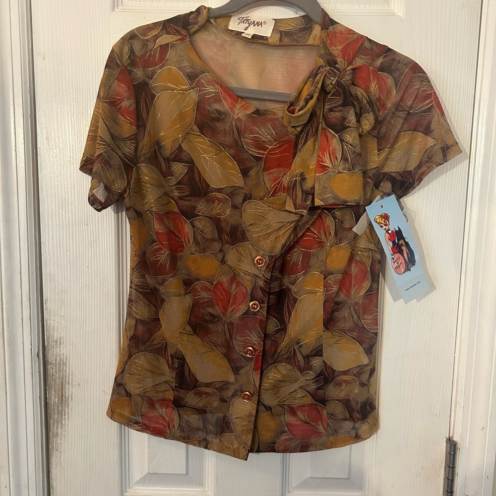 Tatyana Autumn Leaf Print Blouse - Red and Brown